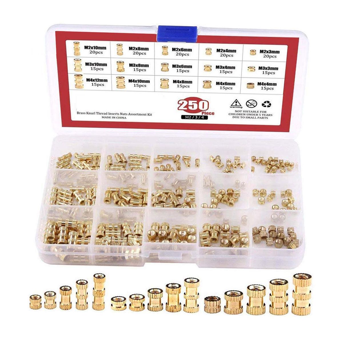 250x Brass Threaded Inserts Nut Assortment Kit For Daily Repair 3D