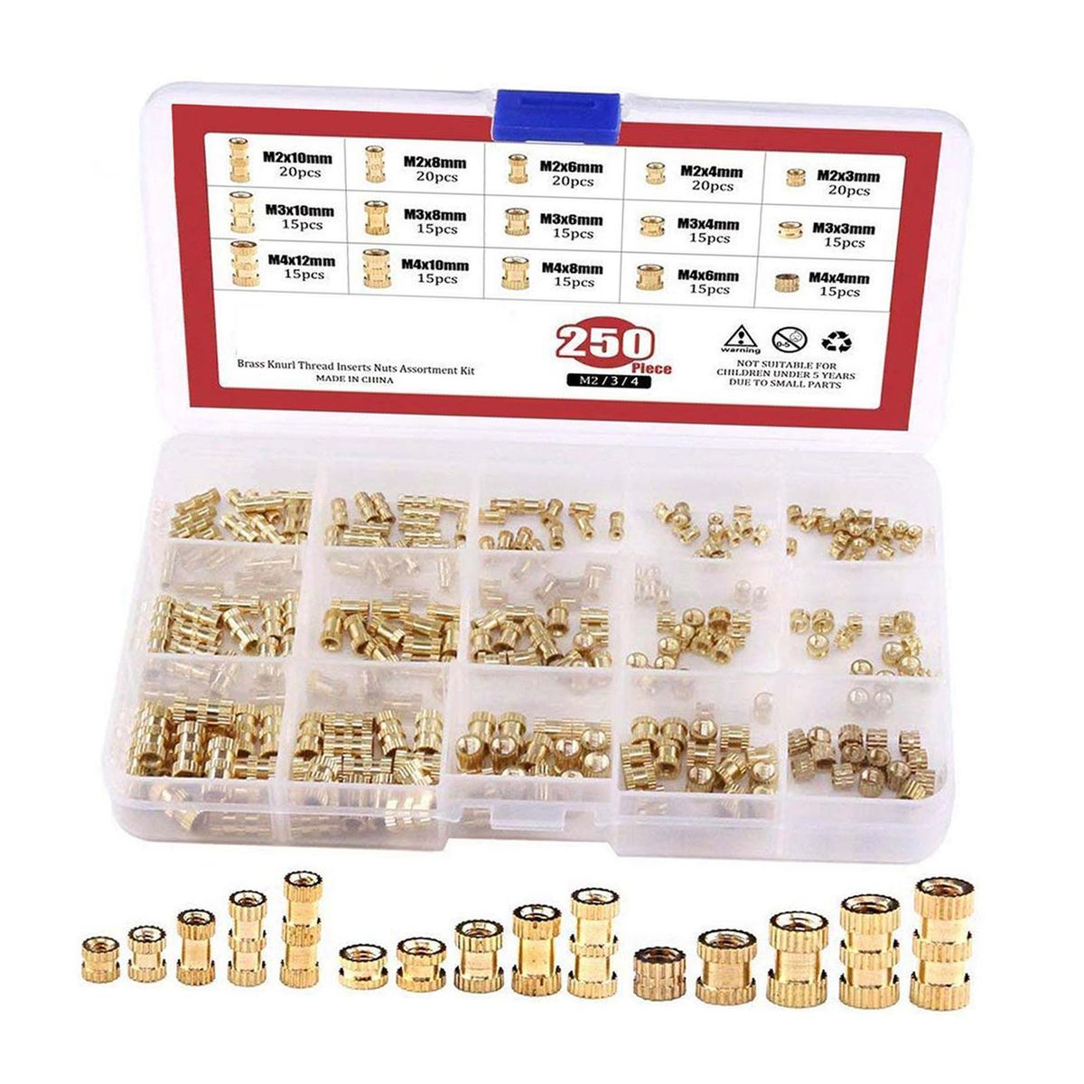250x Brass Threaded Inserts Nut Assortment Kit For Daily Repair 3D
