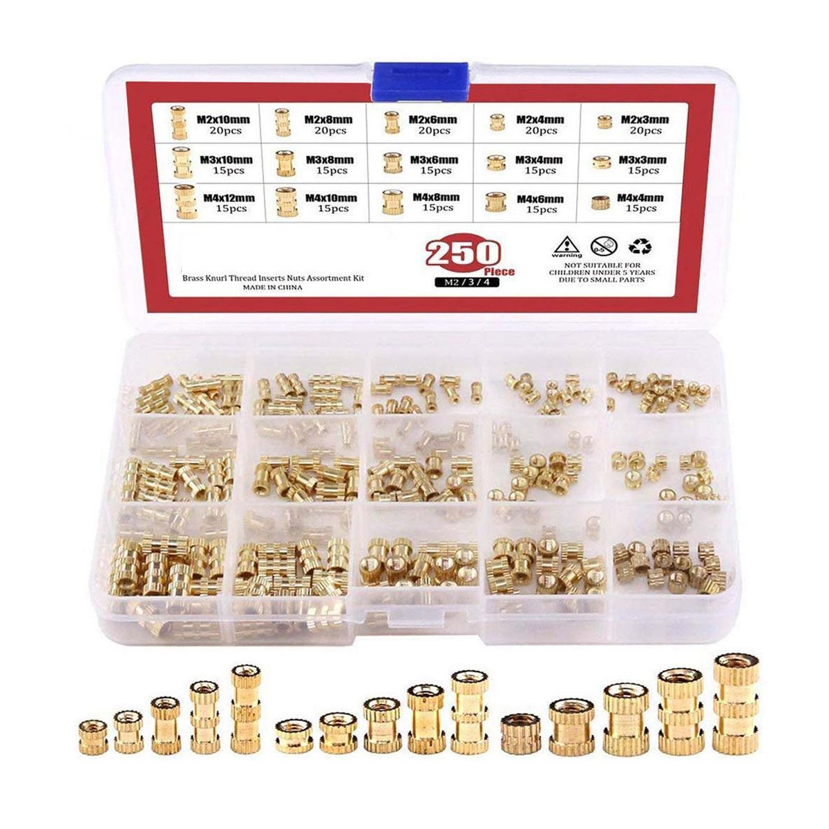 250x Brass Threaded Inserts Nut Assortment Kit For Daily Repair 3D