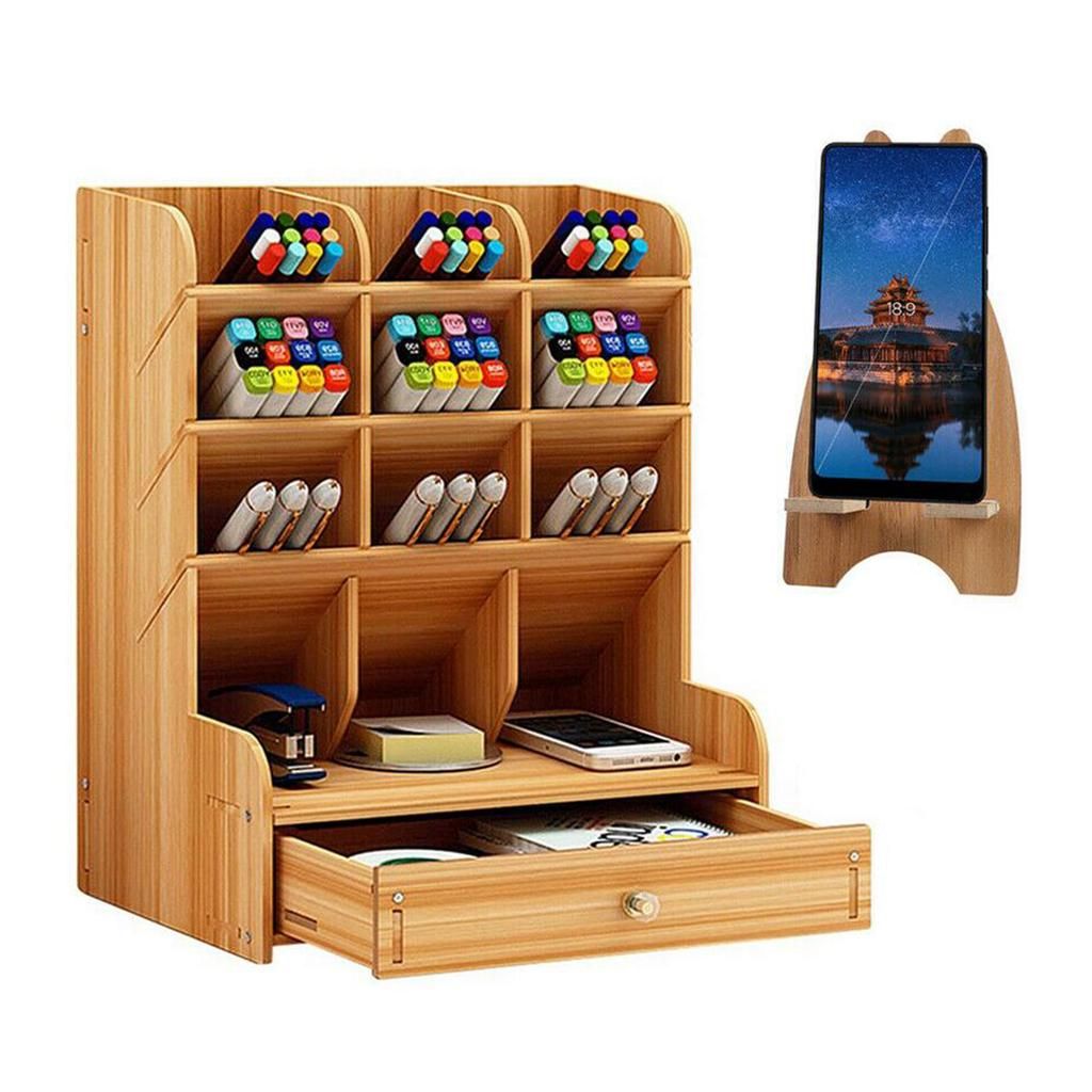 Wooden Desk Organizer Drawers Pen Holder Office Cherry