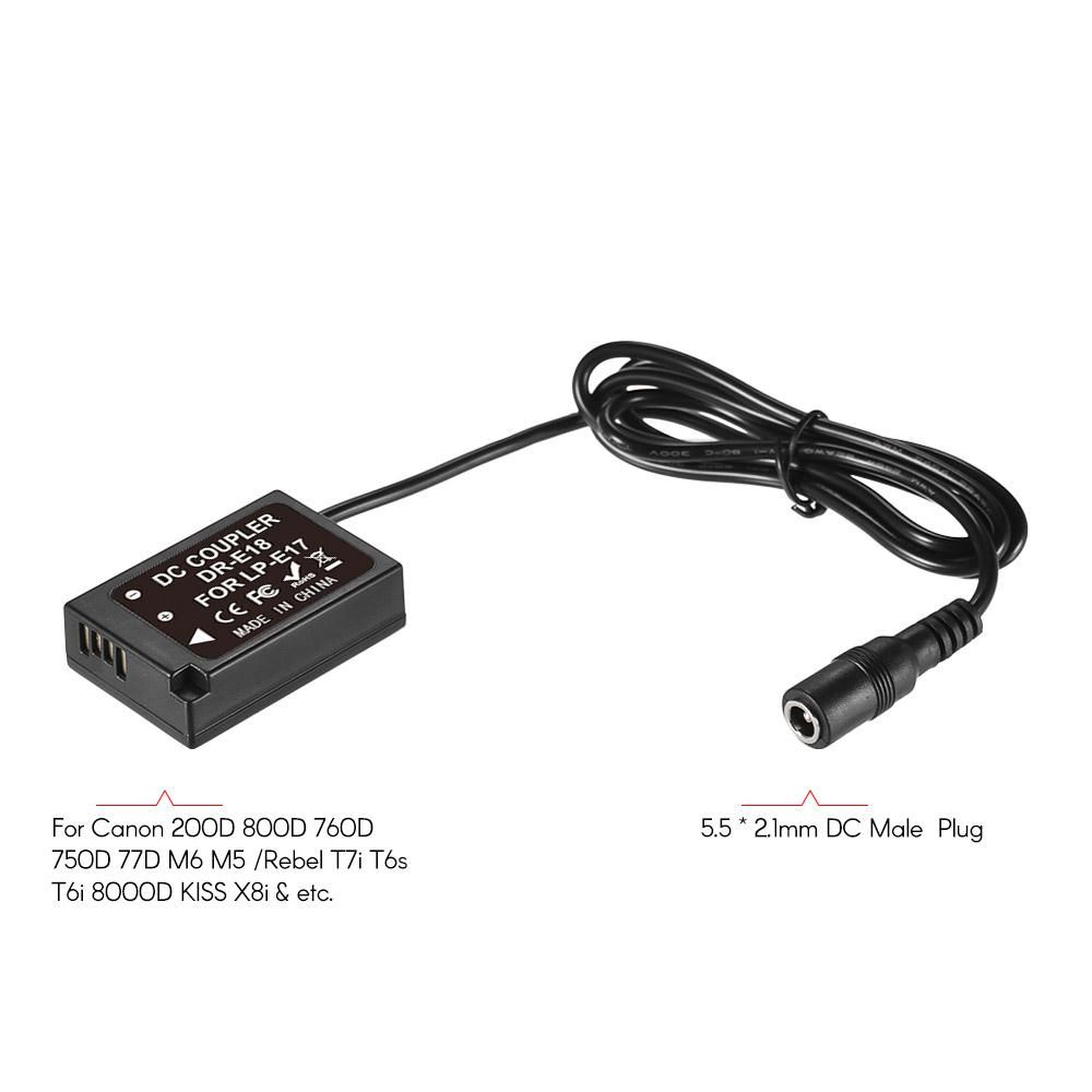 Andoer DR-E18 LP-E17 Dummy Battery Pack Coupler Adapter with DC Male Connector for Canon 200D/ 800D/ 760D/ 750D/ 77D/ M6/ M5 /Rebel T7i T6s T6i 8000D KISS X8i/ SL3/250D/Kiss X10
