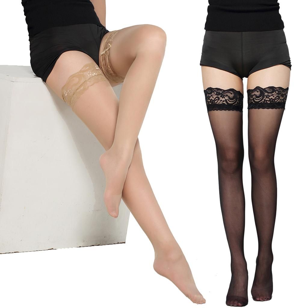 Womens Silk   Thin Lace Top Stockings Thigh High Tights Long Black