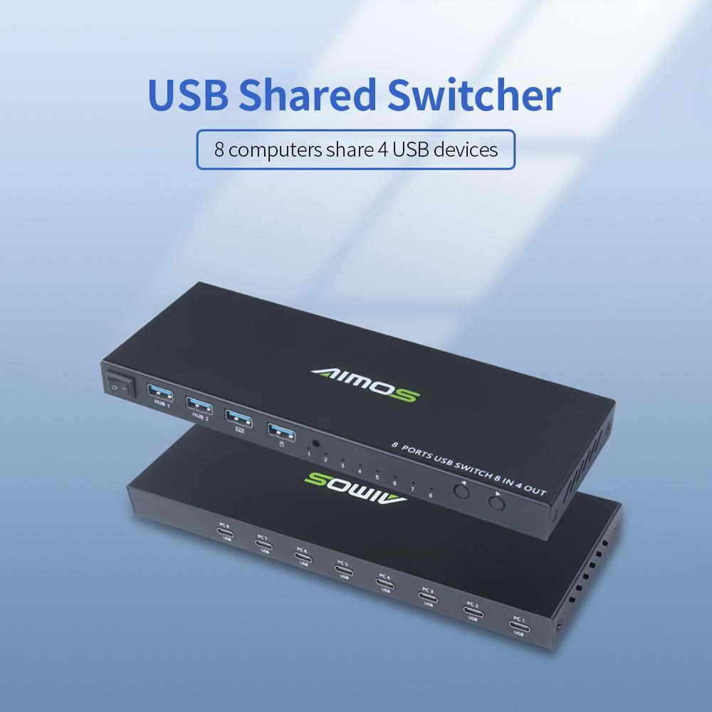 AIMOS USB2.0 Shared Switcher 8 Computers Sharing 4 USB Devices 8 in 4 out Switcher Box for Keyboard/Mouse/Printer/U Disk