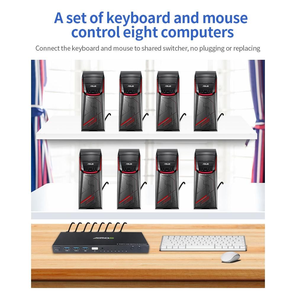 AIMOS USB2.0 Shared Switcher 8 Computers Sharing 4 USB Devices 8 in 4 out Switcher Box for Keyboard/Mouse/Printer/U Disk