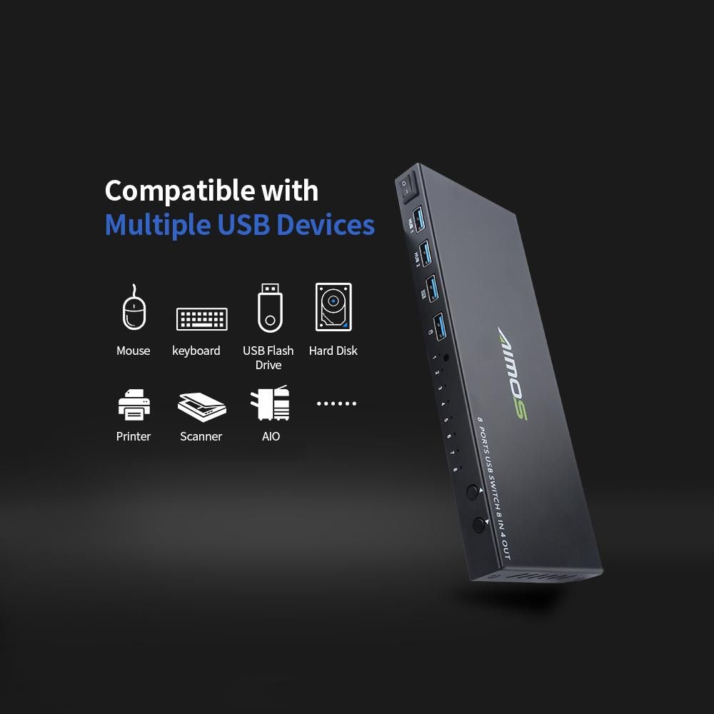 AIMOS USB2.0 Shared Switcher 8 Computers Sharing 4 USB Devices 8 in 4 out Switcher Box for Keyboard/Mouse/Printer/U Disk