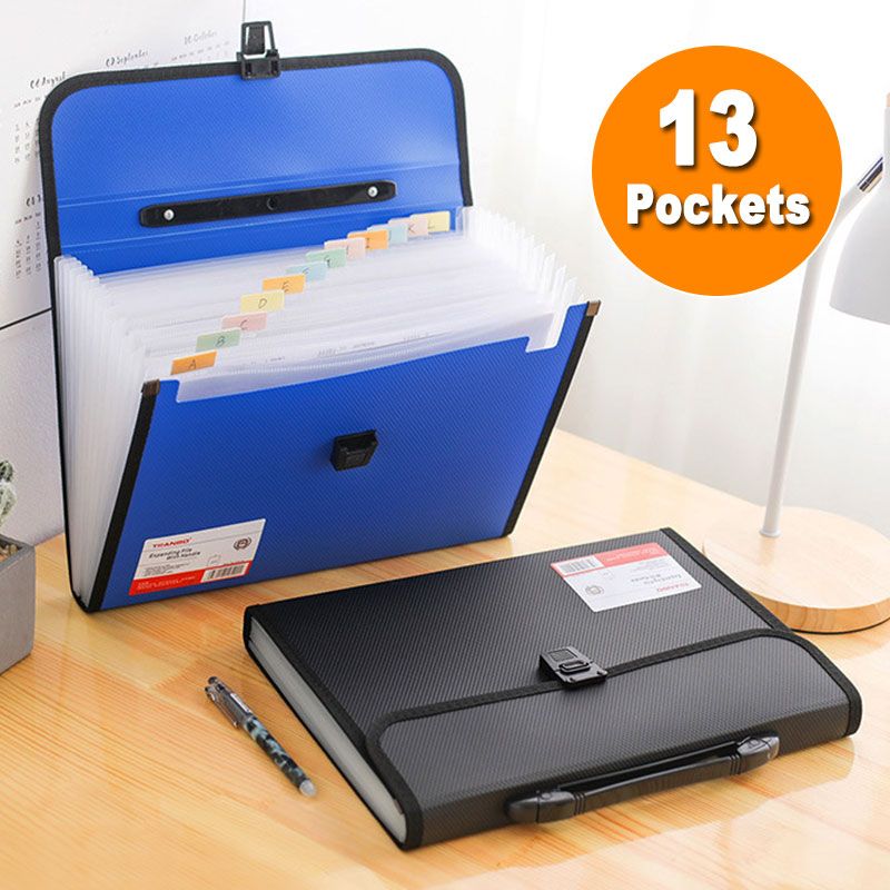 Portable 13 Pockets A4 Size Expanding Wallet File Folder Paper Document Storage Organ Bag Holder Office School Organizer Case Black
