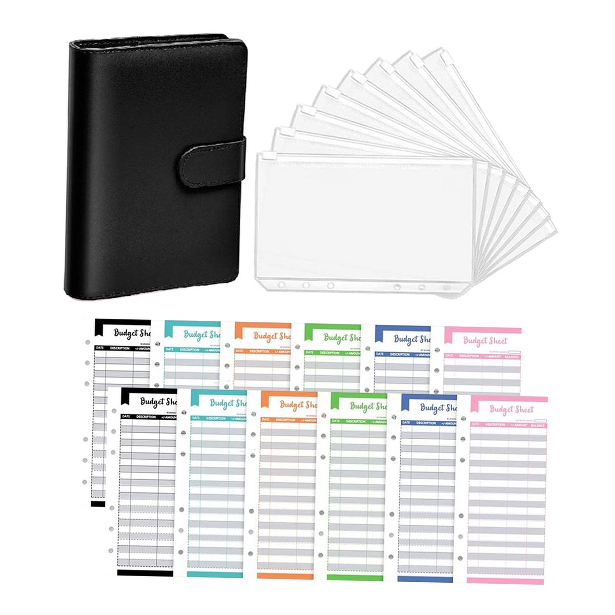 PU Leather Notebook Binder 12 Expense Budget Sheets Cash Budget Black