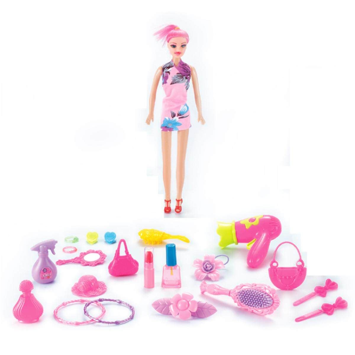 21Pcs Pretend Play Set Hair Dryer Makeup Toy Set Beauty Fashion For Girls Pink