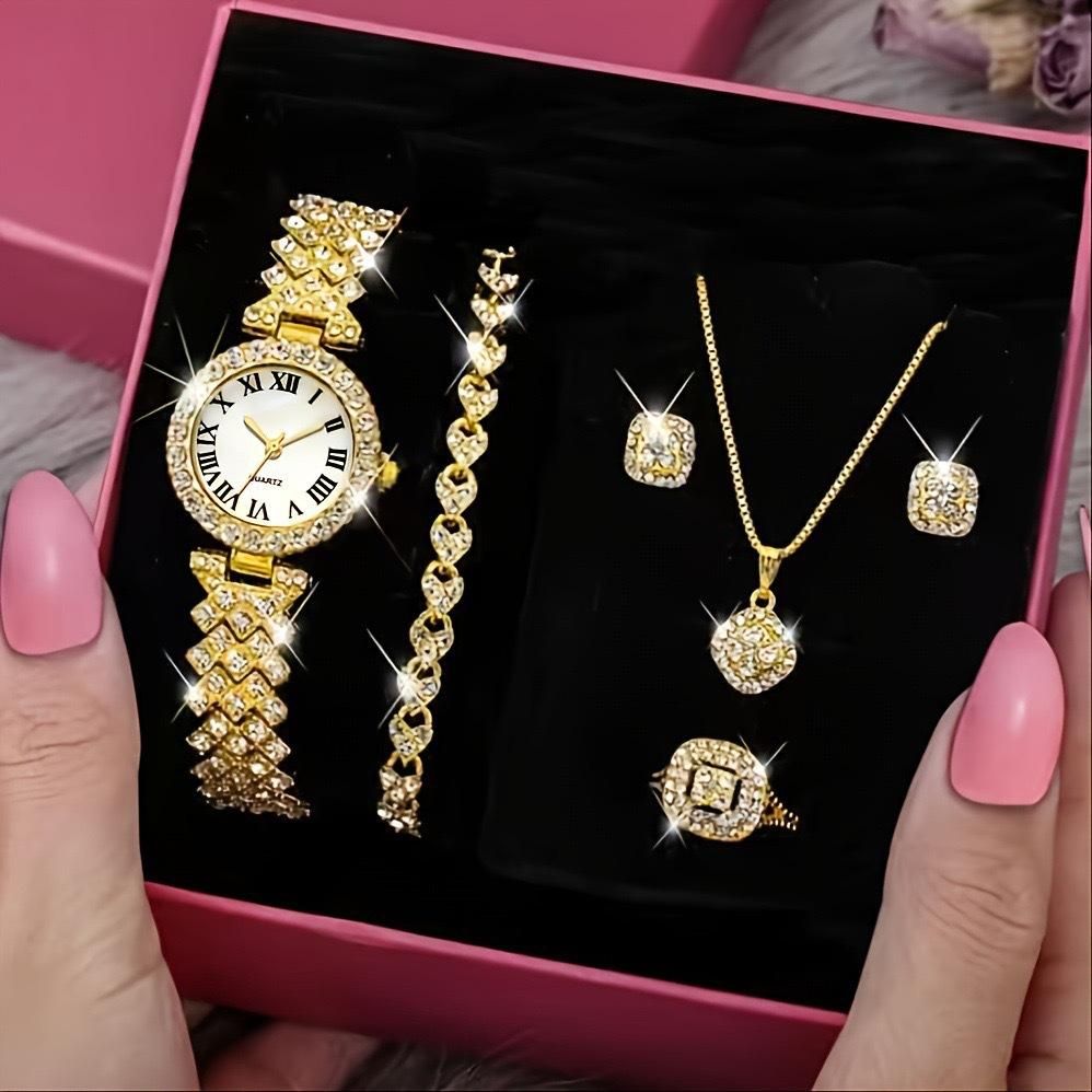 Luxury set of boxes with a hundred atmospheric diamond ladies five-piece gift box ladies watch - Gold