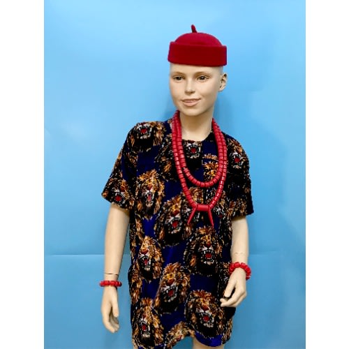 Children Boys Igbo Ibo Cultural Wear Set- Beads - Red Cap - With Velvet Isiagwu - Royal Blue