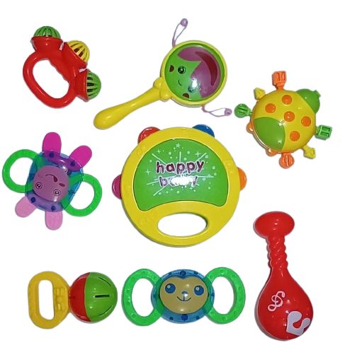 8pcs Colourful Happy Baby Concert Rattles N Teether Toys