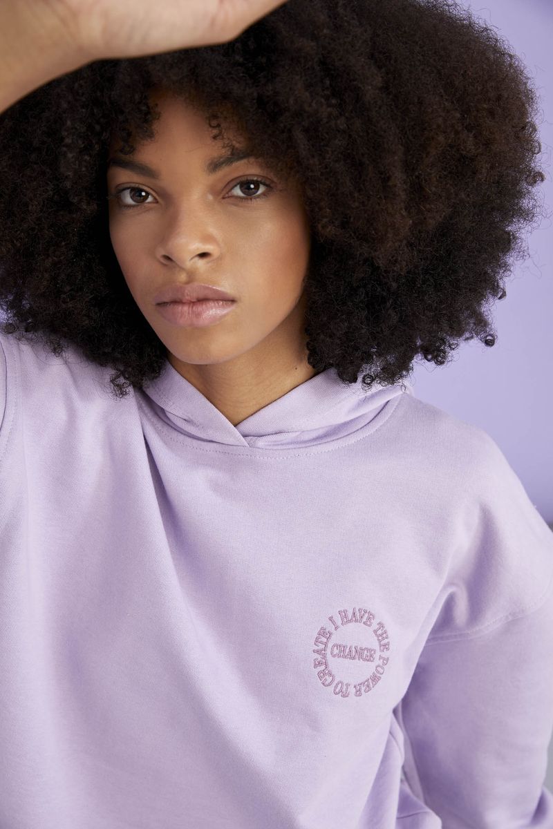 Woman - Hooded Cropped Fit Knitted Sweat Shirt-Purple