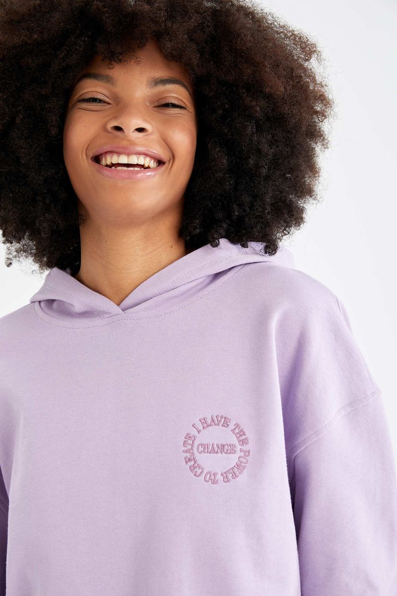 Woman - Hooded Cropped Fit Knitted Sweat Shirt-Purple