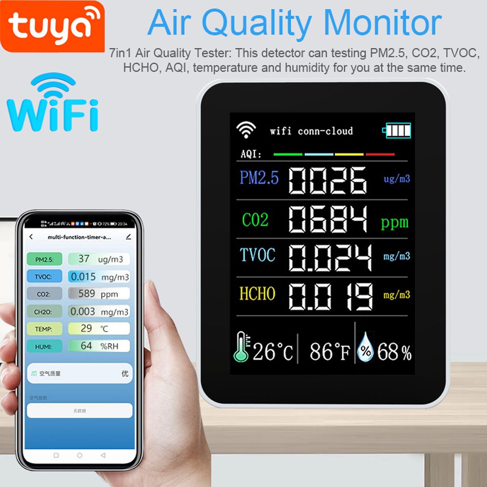 Tuya Wifi Portable Air Quality Meter 7In1 Pm2.5 Co2 Tvoc