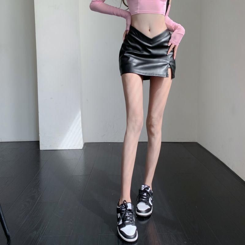 M6 American Sexy Hot Girl V-Shaped Design Low Midriff Outfit PU Leather Skirt Women's Summer Retro Single Slit Sheath Short