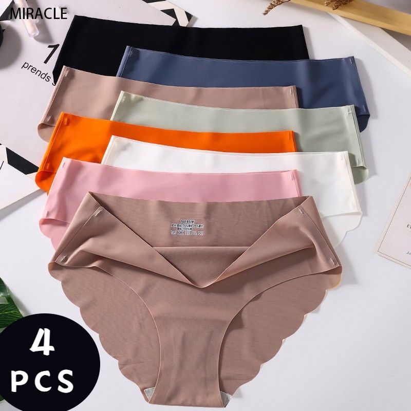 4 PCS/Lot Seamless Panties For Women Plain Panties Slip Silk Female Underwear Soft Thin Light Panti Culotte Femme Underpants(#4 Black)