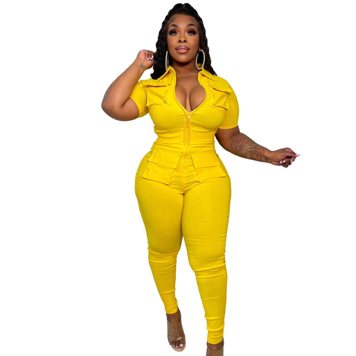 (Yellow)Plus Size Women's Overalls Oversize New Women's 2023  Zipper Solid Pocket Women's Jumpsuit Casual Pants SAB