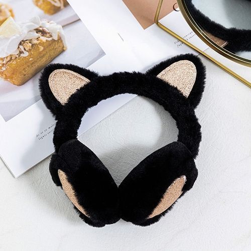 Girls Sequin Cat Ears Earflap Cute Kitten Earmuffs Soft Plush Headband Winter Women Earmuff Warm Fluffy Fur Ear Cover Headphone(#BK)