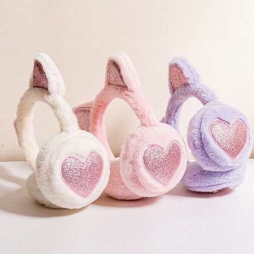 Girls Sequin Cat Ears Earflap Cute Kitten Earmuffs Soft Plush Headband Winter Women Earmuff Warm Fluffy Fur Ear Cover Headphone(#BK)
