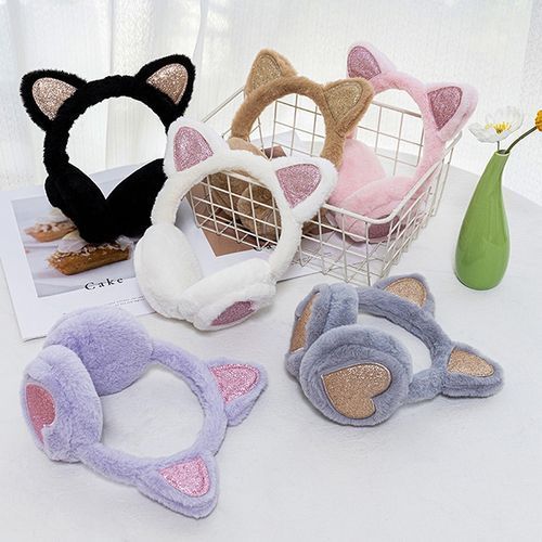 Girls Sequin Cat Ears Earflap Cute Kitten Earmuffs Soft Plush Headband Winter Women Earmuff Warm Fluffy Fur Ear Cover Headphone(#BK)