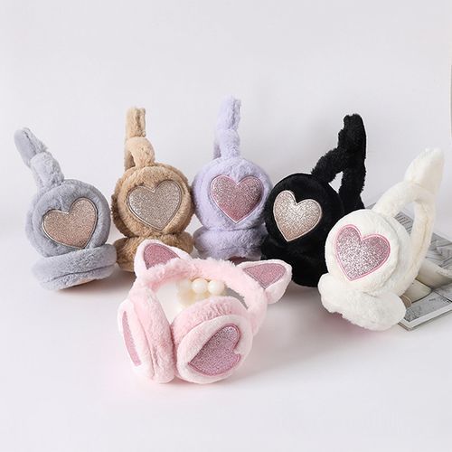 Girls Sequin Cat Ears Earflap Cute Kitten Earmuffs Soft Plush Headband Winter Women Earmuff Warm Fluffy Fur Ear Cover Headphone(#BK)