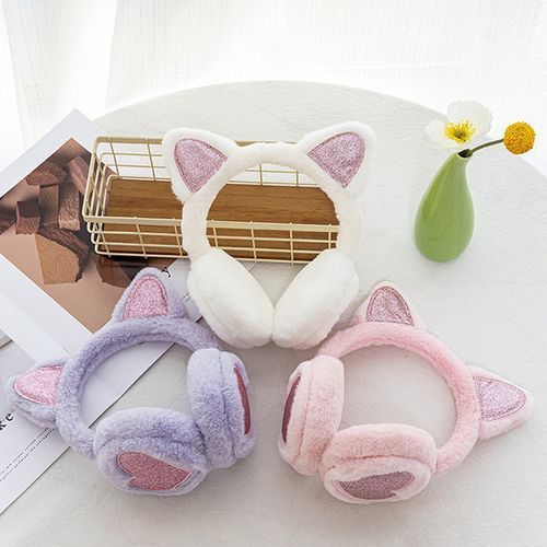 Girls Sequin Cat Ears Earflap Cute Kitten Earmuffs Soft Plush Headband Winter Women Earmuff Warm Fluffy Fur Ear Cover Headphone(#BK)
