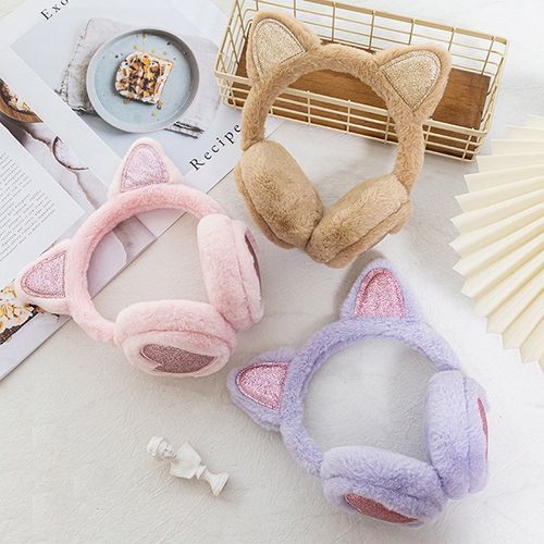 Girls Sequin Cat Ears Earflap Cute Kitten Earmuffs Soft Plush Headband Winter Women Earmuff Warm Fluffy Fur Ear Cover Headphone(#BK)