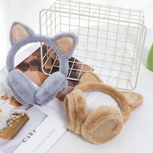 Girls Sequin Cat Ears Earflap Cute Kitten Earmuffs Soft Plush Headband Winter Women Earmuff Warm Fluffy Fur Ear Cover Headphone(#BK)