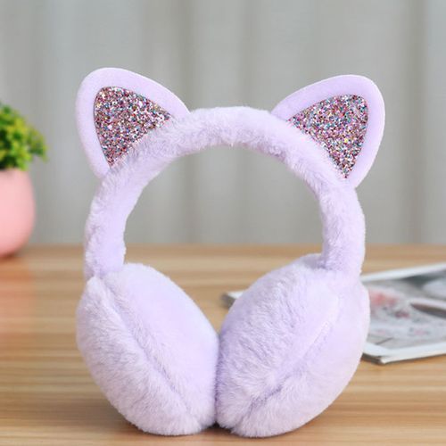Lovely Women Girl Fur Winter Cute Ear Warmer Earmuffs Cat Ear Muffs Glitter Sequin Earflaps Soft Plush Earmuffs Warm Headband(#Purple)