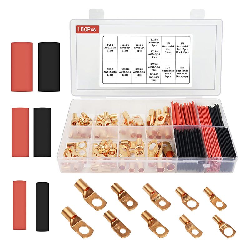 150Pcs Copper Wire Lugs 70Pcs AWG Battery Cable Lugs Ends Ring Terminals Connectors with 80Pcs Heat Shrink Tubing