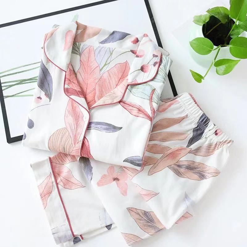 Women's Pajamas  Spring Leaves Printed Women's Pajama Cotton Plus Size Two-piece Set