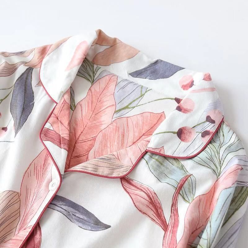 Women's Pajamas  Spring Leaves Printed Women's Pajama Cotton Plus Size Two-piece Set