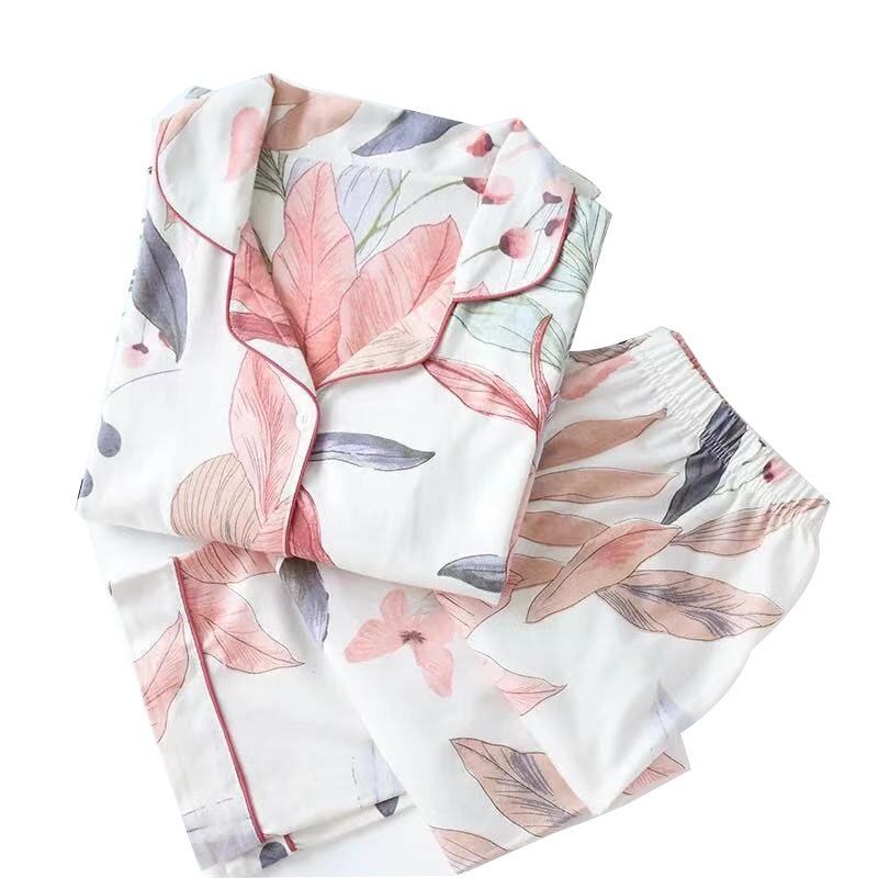 Women's Pajamas  Spring Leaves Printed Women's Pajama Cotton Plus Size Two-piece Set