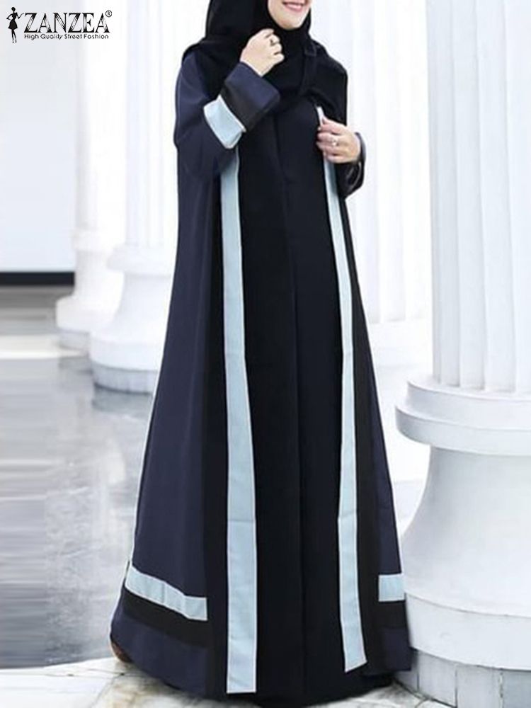 ZANZEA Fashion Muslim Dubai Turkey Long Cardigan Women Abaya Color-Navy