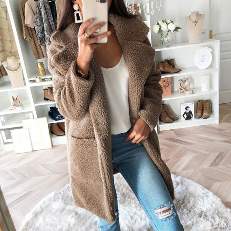 Women Jacket Solid Faux Fur Shaggy Teddy Bear Notched