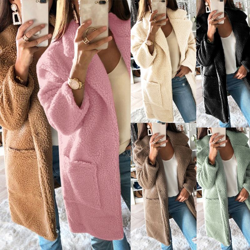 Women Jacket Solid Faux Fur Shaggy Teddy Bear Notched