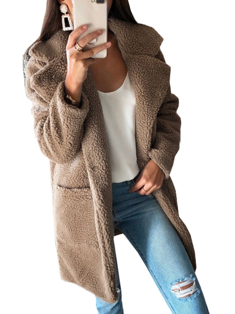 Women Jacket Solid Faux Fur Shaggy Teddy Bear Notched