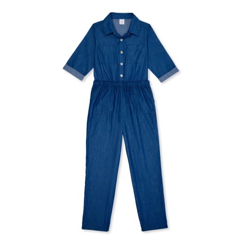 Girls Chambray Denim Jeans Jumpsuit- Blue
