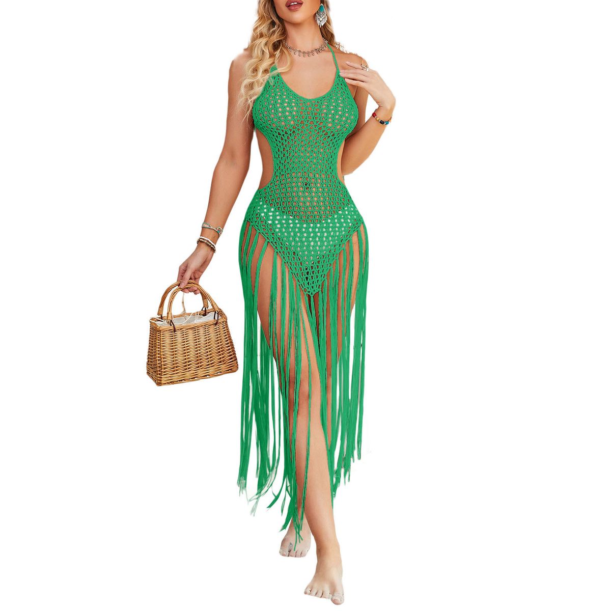 (E)Summer Women Bikini Cover Ups Crochet Cutout Bandage Backless Beach Dress With Tassels For Beach Bathing Suit SMA