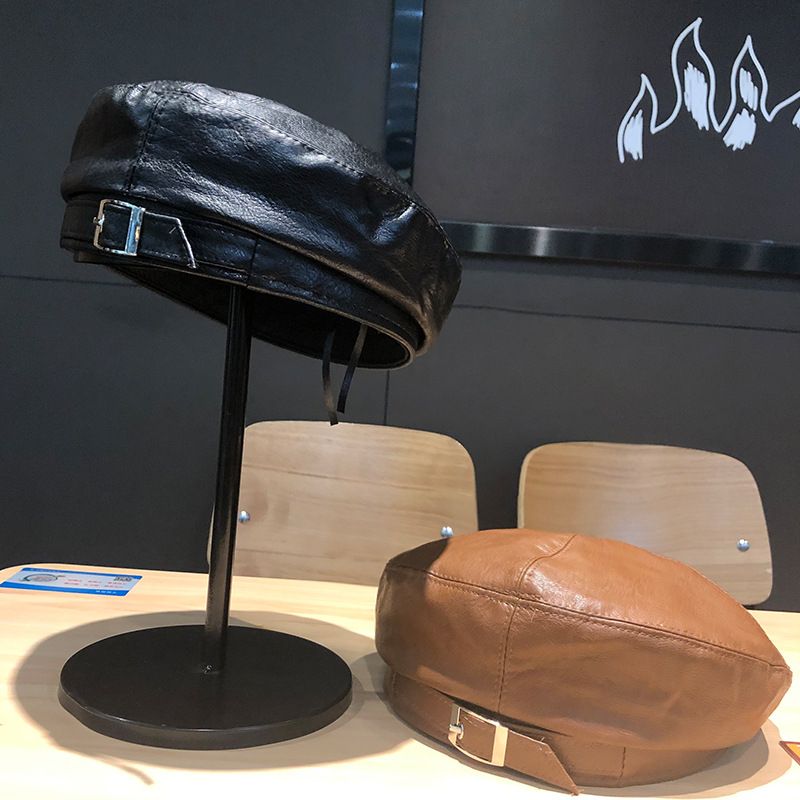 2 SET TRENDY LEATHER BERET OCTAGONAL NEWSBOY CAP