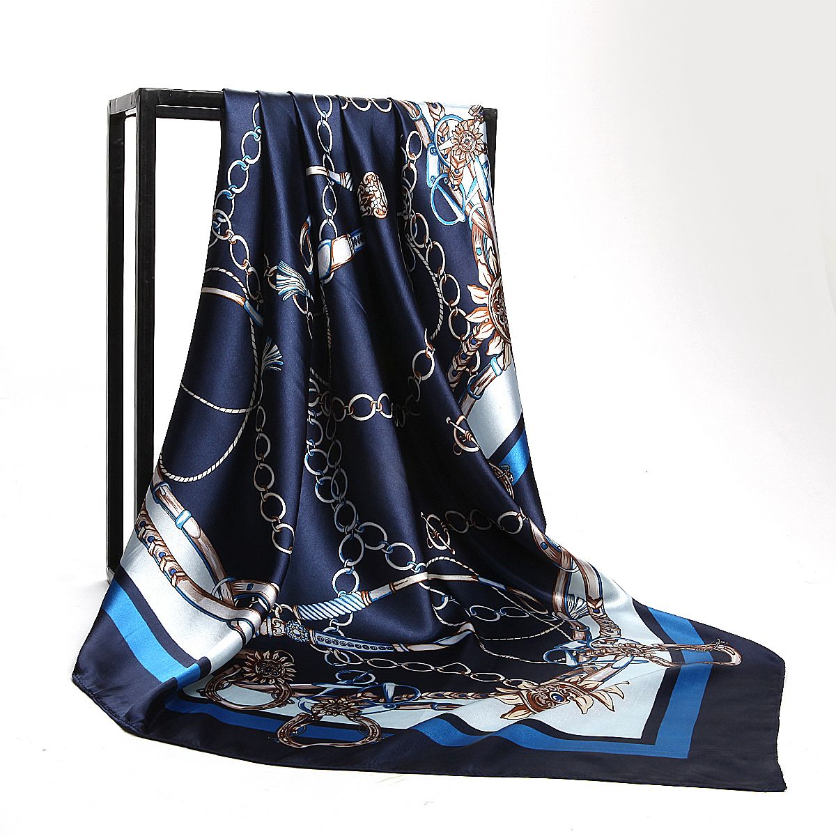 Bandana Scarf Silk Satin Girl Shawl Etiquette Large Square Supplies Floral Shiny Lady Women Muslim Hijab Blue