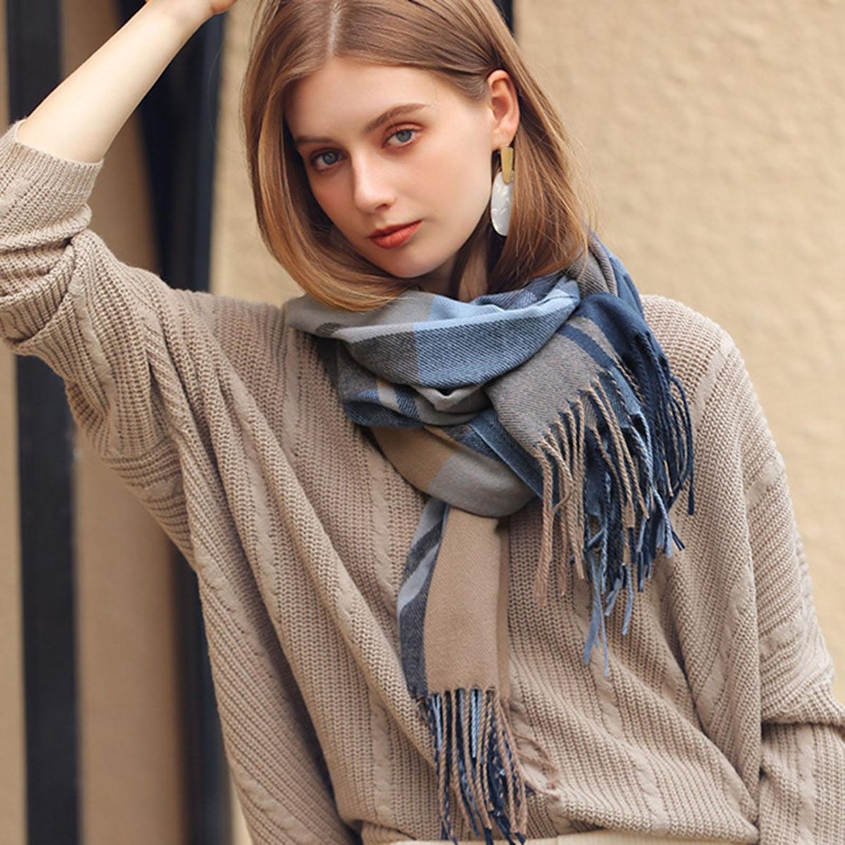 Shawl Wrap Fringed Tassels Thickened Classic Plaid-Blue