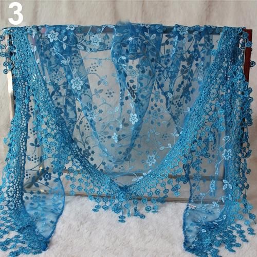 Elegant Triangle Floral Lace Wrap Scarf Women Tassel-Blue