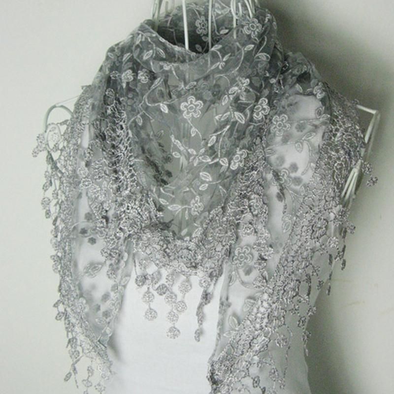 Elegant Triangle Floral Lace Wrap Scarf Women Tassel-Blue