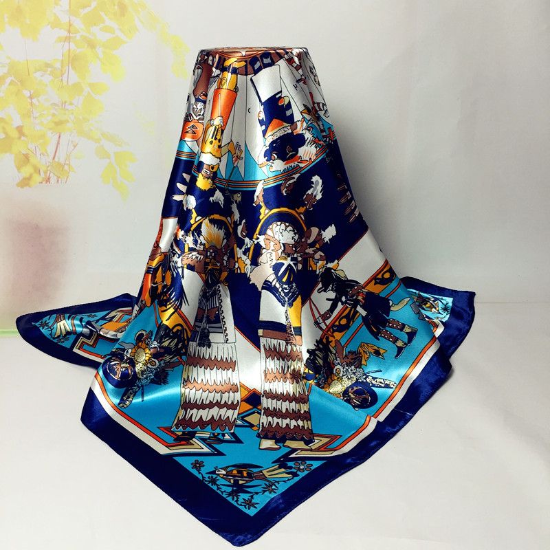 Bandana Scarf Lady Silk Satin Large Square Shawl Sunscreen Floral Shiny Women Muslim Hijab Navy Blue