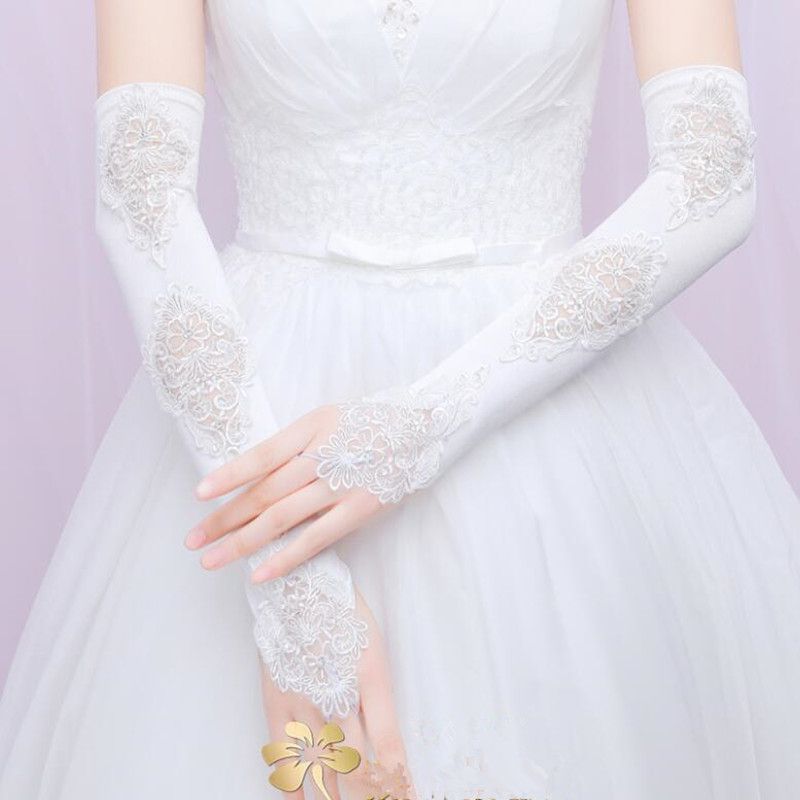 Opera Length Sheer Lace Satin Long Bridal Gloves Wedding