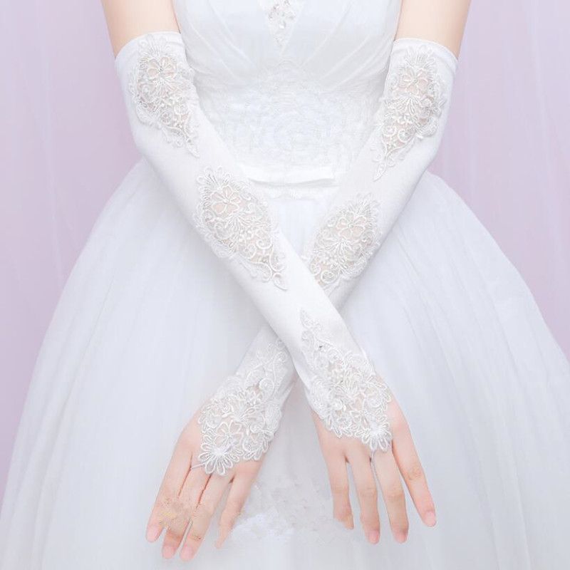 Opera Length Sheer Lace Satin Long Bridal Gloves Wedding
