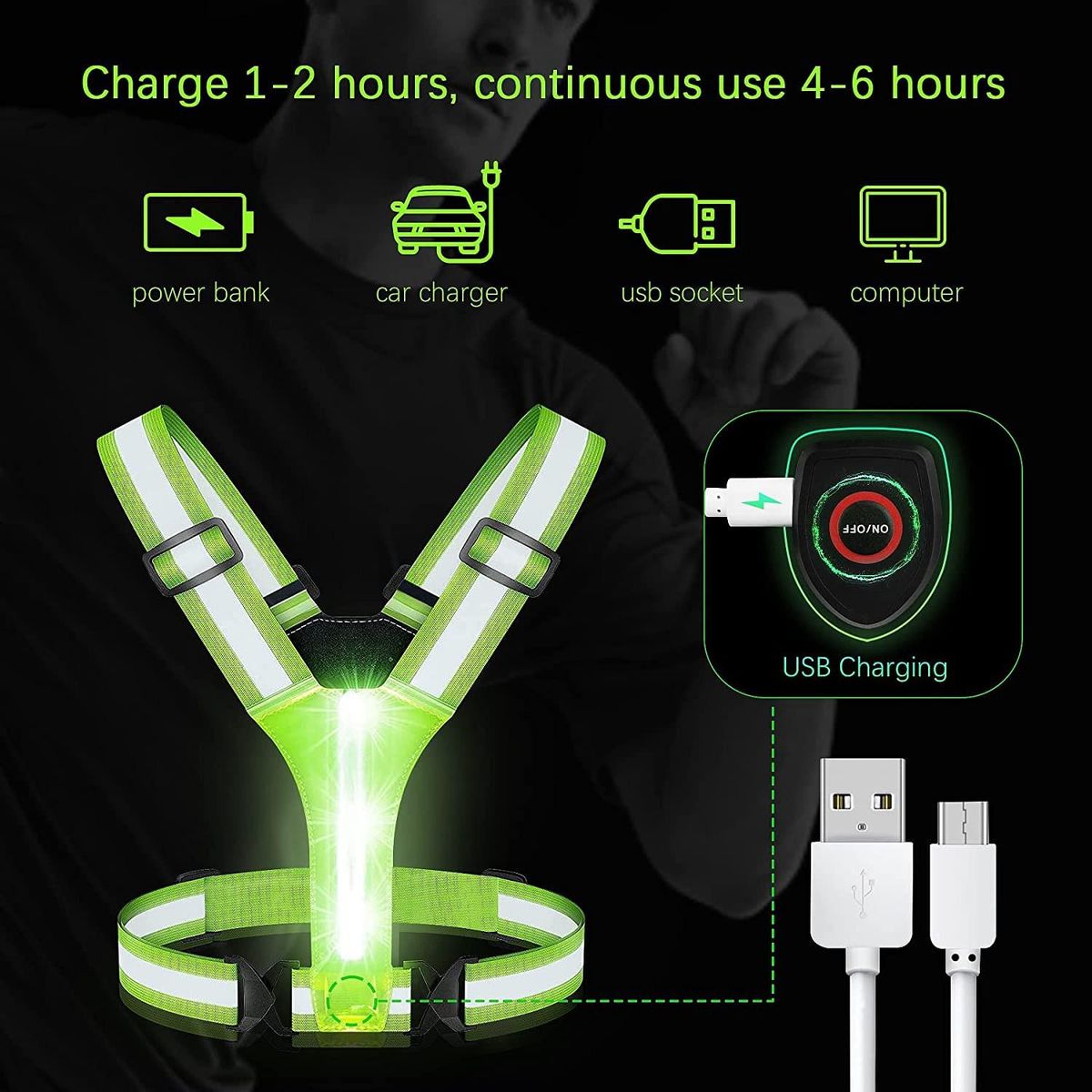 LED Reflective Vest Running Gear,USB Rechargeable LED Light