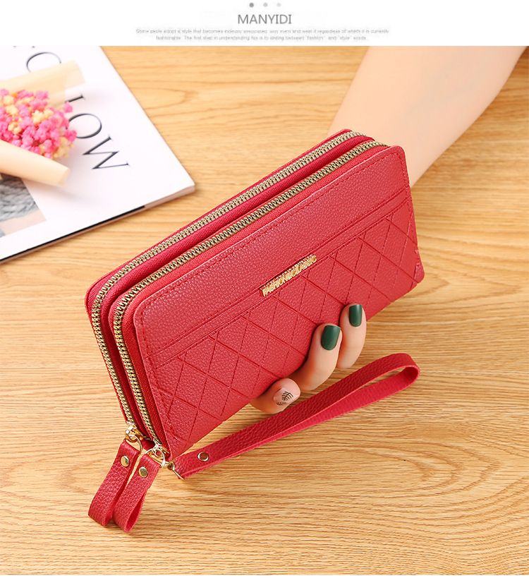 Ladies Long Leather Wallet - Double Zipper Purse Phone Bag