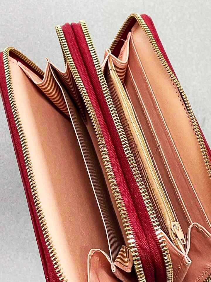 Ladies Long Leather Wallet - Double Zipper Purse Phone Bag